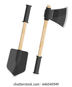 Vector object of modern shovel and axe. Isolated
