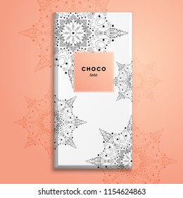 Vector object. Packing of chocolate bar with a pattern of mandalas with peach frame on pink backdrop. 