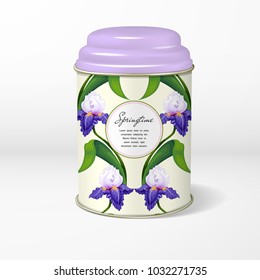 Vector object. Round tin packaging with a figured cover. Lines of Iris flowers on a round pattern with dragonflies. Frame for your text.