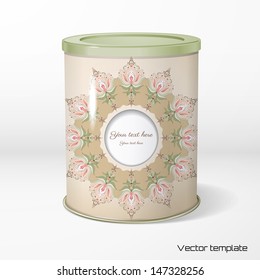 Vector object. Round tin packaging. Tea, coffee, dry products. Vintage floral pattern. Place  for your text. Realistic shadow.