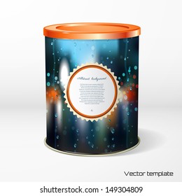 Vector object. Round tin packaging. Tea, coffee, dry products. Rain, wet glass, street. Frame for you text. Realistic shadow.