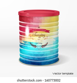 Vector object. Round tin packaging. Tea, coffee, dry products. Multicolored geometric ornament. Round frame. Beautiful inscription in retro style - Sunday like a holiday. Realistic shadow