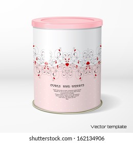 Vector object. Round tin packaging. Tea, coffee, dry products. Abstract pattern with curls and hearts. Place for your text. 