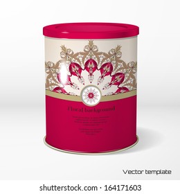 Vector object. Round tin packaging. Tea, coffee, dry products. Beautiful round floral pattern in vintage style. Flowers with leaves and berries. Simple delicate ornament. Place for your text. 