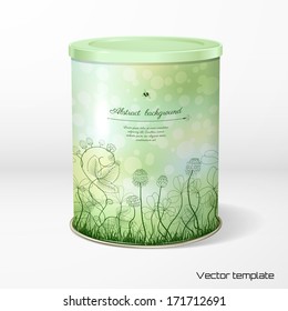 Vector object. Round tin packaging. Tea, coffee, dry products. Spring or summer design. Clover and strawberry plants. Bumble bee and ladybug. Place for your text. Realistic shadow.