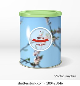 Vector object. Round tin packaging. Tea, coffee, dry products. Abstract spring background. Flowering tree. Beautiful inscription in retro style - I love spring. Crown, heart, ribbon and branch