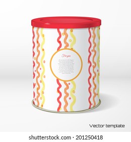 Vector object. Round tin packaging. Tea, coffee, dry products.  Vertical wavy watercolor pattern and colored circles. Hand drawing. Frame for your text.