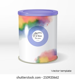 Vector object. Round tin packaging. Tea, coffee, dry products. Hand drawing with colored spots and blotches. Place for your text.