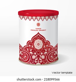 Vector object. Round tin packaging. Tea, coffee, dry products. Beautiful floral border. Imitation of chinese porcelain painting. Place for your text.