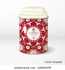 Vector object. Round tin packaging with a figured cover. Tea, coffee, dry products. Beautiful floral pattern. Imitation of chinese porcelain painting. Place for your text.