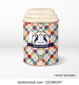Vector object.  Round tin packaging with a figured cover. Tea, coffee, dry products. Multicolored figures and grid. Beautiful round label with two goats and ribbon. Place for your text.