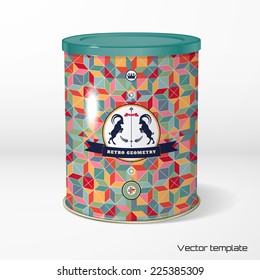 Vector object. Round tin packaging. Tea, coffee, dry products. Multicolored figures and grid. Beautiful round label with two goats and ribbon. Place for your text.