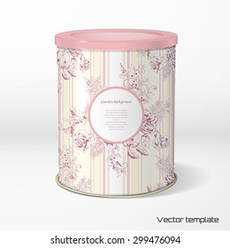 Vector object. Round tin packaging. Tea, coffee, dry products. Hand drawing of a bouquet victorian garden roses. Vintage style. Striped background. Place for your text.