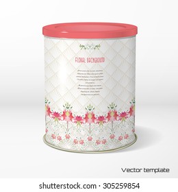 Vector object. Round tin packaging. Tea, coffee, dry products. Beautiful floral border. Delicate ornament on backdrop. Place for your text.