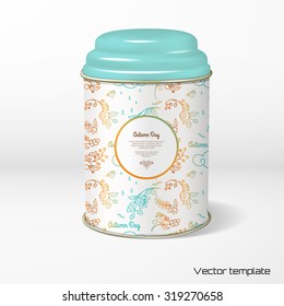 Vector object. Round tin packaging with a figured cover. Tea, coffee, dry products. Gradient birds, rainy clouds and oak branch with acorns. Place for your text.