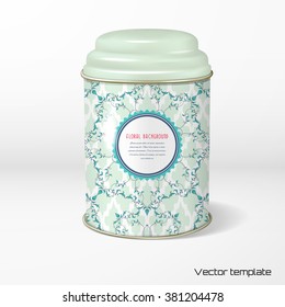 Vector object. Round tin packaging with a figured cover. Tea, coffee, dry products. Floral pattern with curls and leaves and Moroccan tiles pattern on backdrop. Place for your text. 