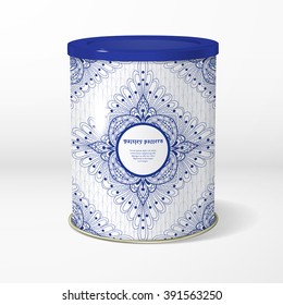 Vector object. Round tin packaging. Tea, coffee, dry products. Ethnic pattern. Square floral oriental ornament. Place for your text.