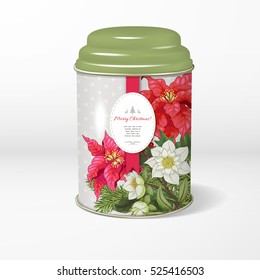 Vector object. Round tin packaging with a figured cover. Tea, coffee, dry products. Scandinavian ornament. Christmas collection. Poinsettia flowers, holly, hellebore and fir-tree. 