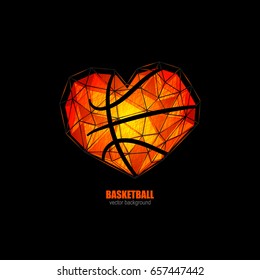 Vector object in the shape of a heart for basketball, love. Grunge, polygon style. Design element for web banner; poster; print on T-shirt.