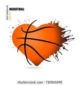Vector object in the shape of a heart for basketball. Hand-drawing, splashes, symbol, can be used for posters, banners, web. Grunge style.