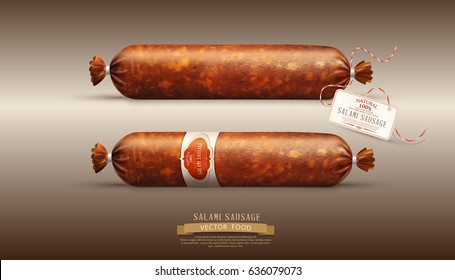 Vector object. Smoked sausage (salami) in realism style, isolated on a brown background. Element for design