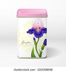 Vector object. Square tin packaging. Beautiful iris flower with bud, onion, root and leaves on a round background with dragonflies.