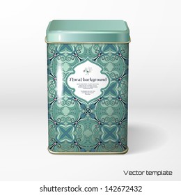 Vector object. Square tin packaging. Tea, coffee, dry products. Floral pattern. Fantasy flowers with leaves. Decorative bird pecks berries. Figured frame for your text.