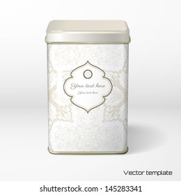 Vector object. Square tin packaging. Tea, coffee, dry products. Vintage floral pattern.  Figured frame for your text.