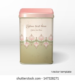 Vector object. Square tin packaging. Tea, coffee, dry products. Vintage floral pattern. Place  for your text. Realistic shadow.