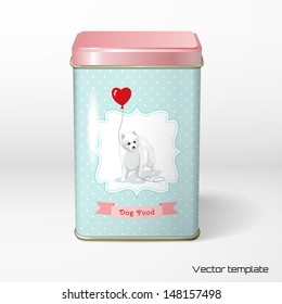 Vector object. Square tin packaging. White Spitz holds a balloon heart. Figured frame, seamless background with polka dots. Tea, coffee, dry products, pet food. Place for your text. Realistic shadow.
