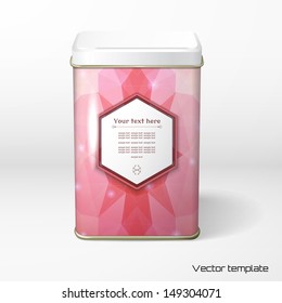 Vector object. Square tin packaging. Tea, coffee, dry products. Pattern of colored polygons, frame for your text.  Realistic shadow.