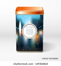 Vector object. Square tin packaging. Tea, coffee, dry products. Rain, wet glass, street. Frame for you text. Realistic shadow.