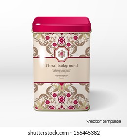 Vector object. Square tin packaging. Tea, coffee, dry products. Beautiful floral pattern in vintage style. Place for your text. Realistic shadows