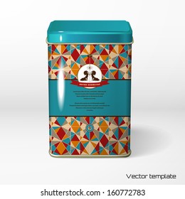 Vector object. Square tin packaging. Tea, coffee, dry products. Multicolored figures and grid. Beautiful round label with two horses and ribbon. Place for your text. 