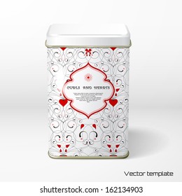 Vector object. Square tin packaging. Tea, coffee, dry products. Abstract pattern with curls and hearts. Place for your text. 