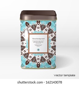 Vector object. Square tin packaging. Tea, coffee, dry products. Beautiful floral pattern in vintage style. Place for your text. Realistic shadows