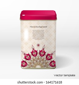 Vector object. Square tin packaging. Tea, coffee, dry products. Beautiful round floral pattern in vintage style. Flowers with leaves and berries. Simple delicate ornament. Place for your text.  