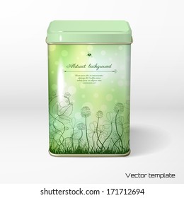 Vector object. Square tin packaging. Tea, coffee, dry products. Spring or summer design. Clover and strawberry plants. Bumble bee and ladybug. Place for your text. Realistic shadow.