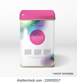 Vector object. Square tin packaging. Tea, coffee, dry products. Hand drawing with colored spots and blotches. Place for your text.