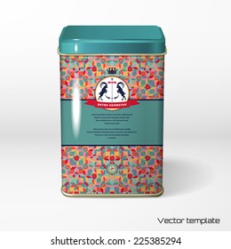 Vector object. Square tin packaging. Tea, coffee, dry products. Multicolored figures and grid. Beautiful round label with two goats and ribbon. Place for your text.