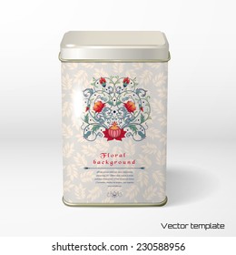 Vector object. Square tin packaging. Tea, coffee, dry products.  Floral pattern and borders. Fantasy flowers. Delicate ornament with leaves. Place for your text.