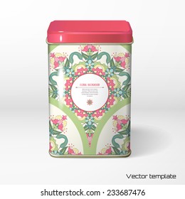 Vector object. Square tin packaging. Tea, coffee, dry products. Floral round pattern. Place for your text. Delicate green and pink.
