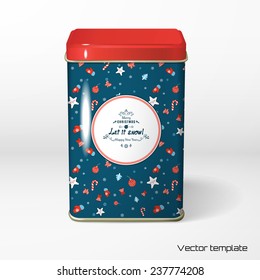 Vector object. Square tin packaging. Tea, coffee, dry products. Stars, candies, mittens, Christmas toys and snowflakes. Winter collection. Frame with Xmas typographic label