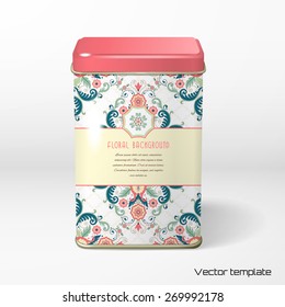 Vector object. Square tin packaging. Tea, coffee, dry products. Beautiful floral pattern in modern style. Moroccan tiles ornament. Place for your text.