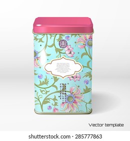 Vector object. Square tin packaging. Tea, coffee, dry products. Floral pattern. Lotus flowers and leaves are painted by watercolor. Imitation of chinese porcelain painting. Frame for your text.
