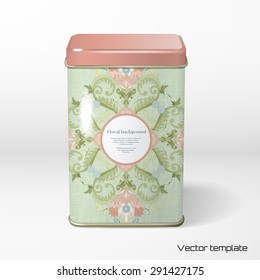 Vector object. Square tin packaging. Tea, coffee, dry products. Floral pattern. Delicate canvas texture. Frame for your text.