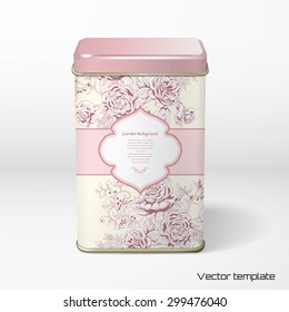 Vector object. Square tin packaging. Tea, coffee, dry products. Hand drawing of a bouquet victorian garden roses. Frame for your text.