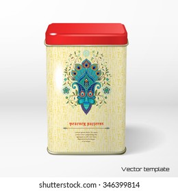 Vector object. Square tin packaging. Tea, coffee, dry products. Oriental traditional paisley flower. Pattern with peacock feather elements. Delicate backdrop.