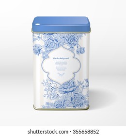 Vector object. Square tin packaging. Tea, coffee, dry products. Pattern of french garden roses and striped background.