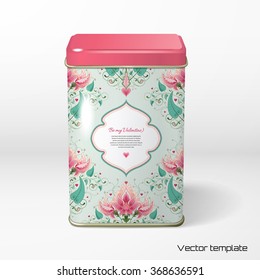 Vector object. Square tin packaging with fantasy floral pattern. Tea, coffee, dry products. Floral square pattern. Wedding or Valentine's Day. All design elements consist of hearts.
